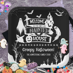 Grijs spookhuis familie Halloween-feest Papieren Bordje