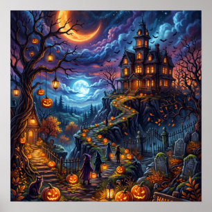 Grijs spookhuis Halloween Nacht Pompoen Pad Poster