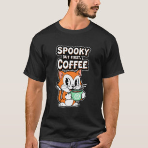 Grijs spooky kat die eerst koffie wil t-shirt