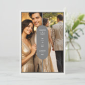 Grijs Stijlvol Ovaal Minimalist 2 foto's Bruiloft Save The Date (Staand voorkant)