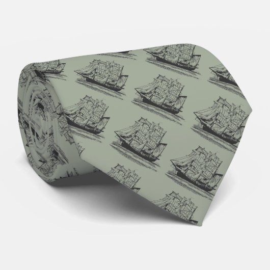 Grijs Stropdas met zwarte  zeilschip (Opgerold)