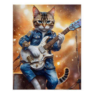 Grijs Tabby Cat Rock Star Gitaar spelen Perfect Poster