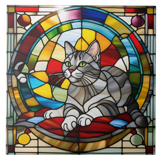 Grijs Tabby Glas in lood Decoratieve Tegel Tegeltje (Voorkant)