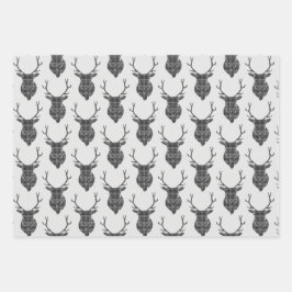 Grijs Tartan Stag Hoofd Antler Rustiek Patroon Inpakpapier Vel