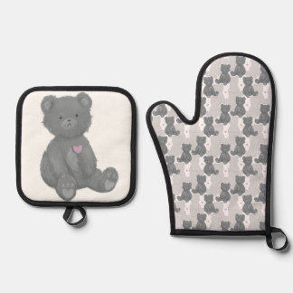 Grijs teddybeer patroon, roze hart, silhouet ovenwant & pannenlap set