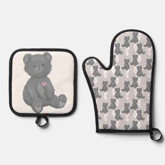 Grijs teddybeer patroon, roze hart, silhouet ovenwant & pannenlap set (Voorkant)