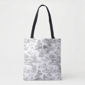 Grijs Toile de Jouy Elegant Frans Stijl Monogram Tote Bag (Voorkant)