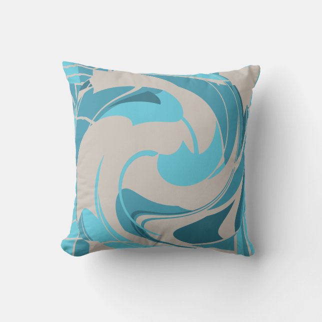 Grijs Turquoise Aqua Mediterraan Abstracte Bloem Kussen (Voorkant)