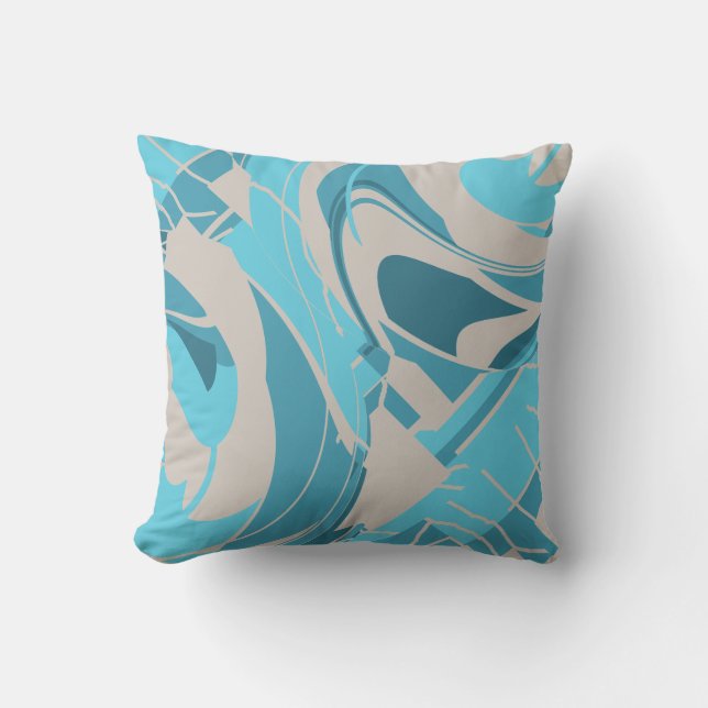 Grijs Turquoise Aqua Mediterraan Diagonaal Bloemmo Kussen (Voorkant)