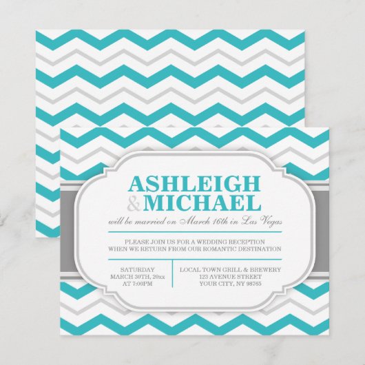 Grijs & Turquoise Chevron Trouwontvangst Alleen Kaart (Voorkant / Achterkant)