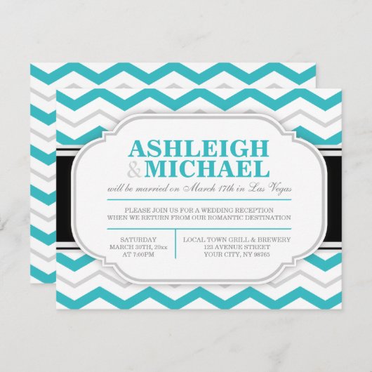 Grijs & Turquoise Chevron Trouwreceptie Kaart (Voorkant / Achterkant)