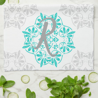 Grijs Turquoise Modern Kaleidoscoop Damast Patroon Theedoek