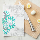 Grijs Turquoise Modern Kaleidoscoop Damast Patroon Theedoek (Quarter Fold)