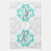 Grijs Turquoise Modern Kaleidoscoop Damast Patroon Theedoek (Verticaal)