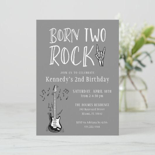 Grijs Twee Rock Gitaar 2e Verjaardagsfeestje Kaart (Staand voorkant)