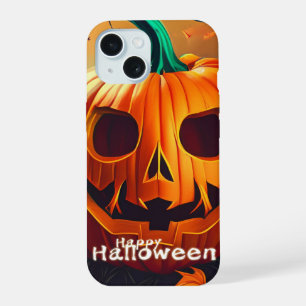 Grijs uitziende oranje pompoen met gezicht, Hallow iPhone 15 Case