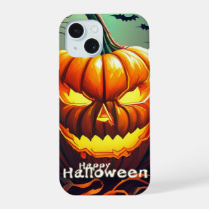 Grijs uitziende oranje pompoen met gezicht, Hallow iPhone 15 Case
