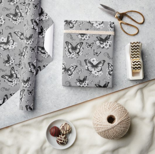 Grijs vlinderpatroon cadeau cadeaupapier (Crafts)