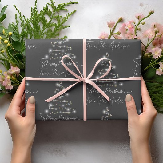 Grijs Vrolijk Kerstboom Licht Aangepaste familiena Cadeaupapier