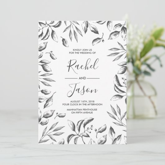  Grijs Waterverf Leafy Bruiloft uitnodiging (Staand voorkant)