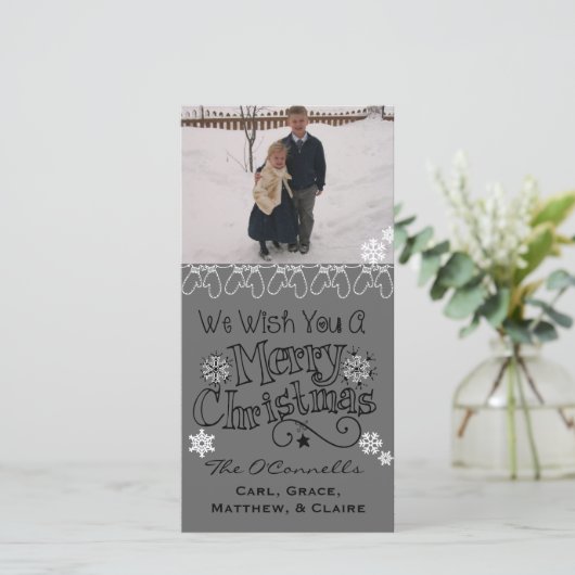 Grijs Wens je Vrolijk Kerstmis Fotokaart Feestdagenkaart (Staand voorkant)