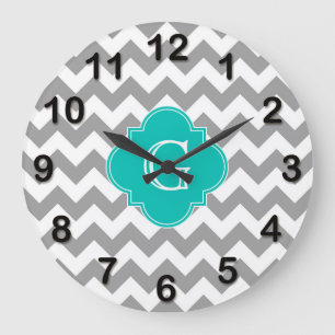 Grijs Wht Chevron ZigZag Turquoise Quatrefoil Mono Grote Klok