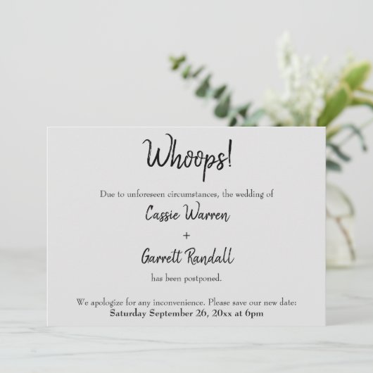 Grijs "Wiops!" Uitgestelde bruiloft Kaart (Staand voorkant)