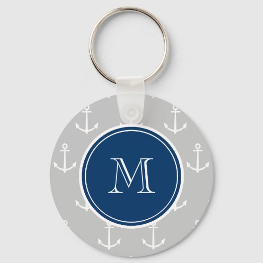 grijs wit anker Patroon, marineblauw Monogram Sleutelhanger (Voorkant)