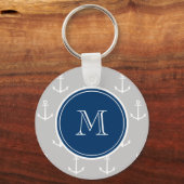 grijs wit anker Patroon, marineblauw Monogram Sleutelhanger (Voorkant)