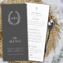 Grijs wit blad ovaal monogram bruiloft menu