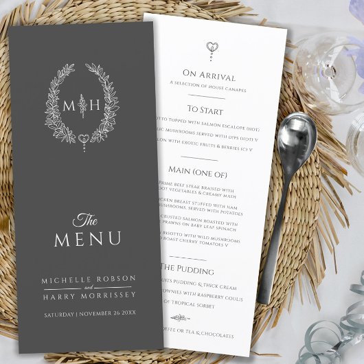 Grijs wit blad ovaal monogram bruiloft menu