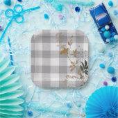 Grijs Wit Bloemen Gingham Plaid Land Boerderij Papieren Bordje (Feest)