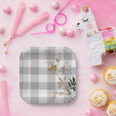 Grijs Wit Bloemen Gingham Plaid Land Boerderij Papieren Bordje (Feest)