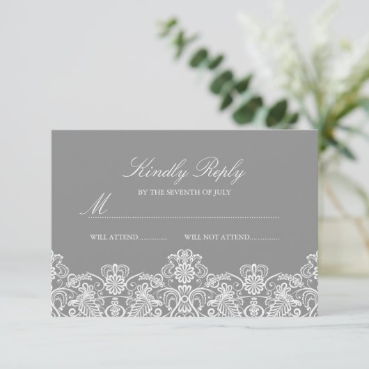 Grijs & Wit Bloemen Kant Huwelijk RSVP (Staand voorkant)