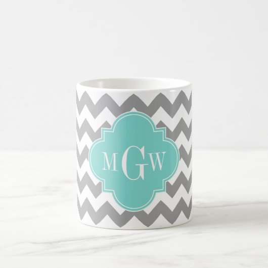 Grijs Wit Chevron Aqua Vierblad 3 Monogram Koffiemok (Center)
