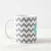 Grijs Wit Chevron Aqua Vierblad 3 Monogram Koffiemok (Links)