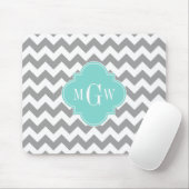 Grijs Wit Chevron Aqua Vierblad 3 Monogram Muismat (Met muis)