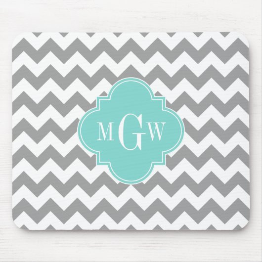 Grijs Wit Chevron Aqua Vierblad 3 Monogram Muismat (Voorkant)