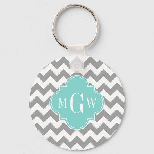 Grijs Wit Chevron Aqua Vierblad 3 Monogram Sleutelhanger (Voorkant)