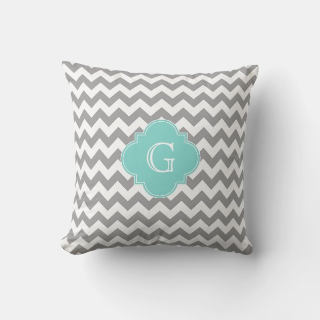 Grijs Wit Chevron Aqua Vierblad Monogram Kussen (Voorkant)