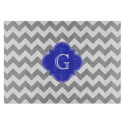 Grijs Wit Chevron Kobaltblauw Vierblad Monogram Snijplank (Voorkant)