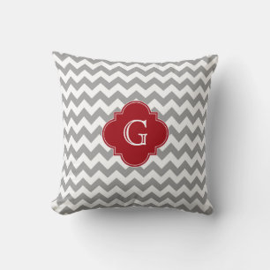 Grijs Wit Chevron Kranberryrood Vierblad Monogram Kussen