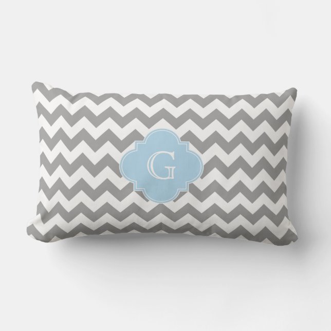 Grijs Wit Chevron Lichtblauw Quatrefoil Monogram Kussen (Voorkant)