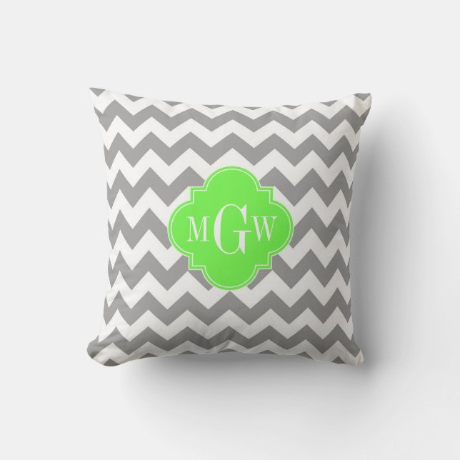 Grijs Wit Chevron Lime Vierblad 3 Monogram Kussen (Voorkant)