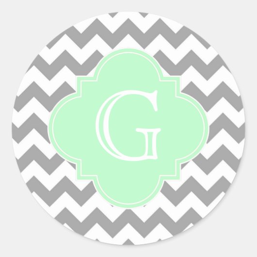 Grijs Wit Chevron Mint Quatrefoil Monogram Ronde Sticker (Voorkant)