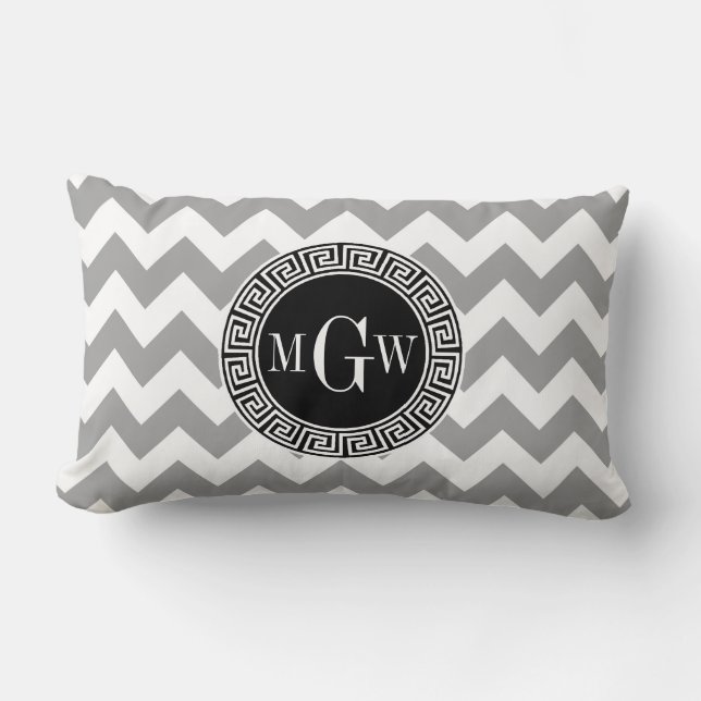Grijs Wit Chevron Zwart Griekse Sleutel 3 Monogram Kussen (Voorkant)