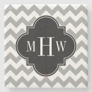 Grijs Wit Chevron Zwart Quatrefoil 3 Monogram Stenen Onderzetter