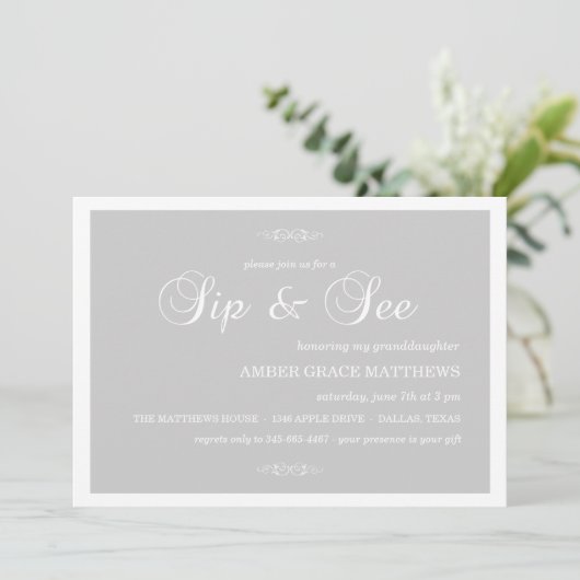 Grijs & Wit Damask Sip en zie uitnodiging (Staand voorkant)