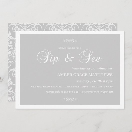 Grijs & Wit Damask Sip en zie uitnodiging (Voorkant / Achterkant)