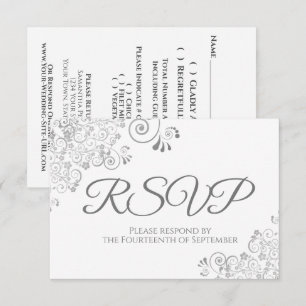 Grijs & Wit Elegant Zilveren Kant Bruiloft RSVP Kaartje